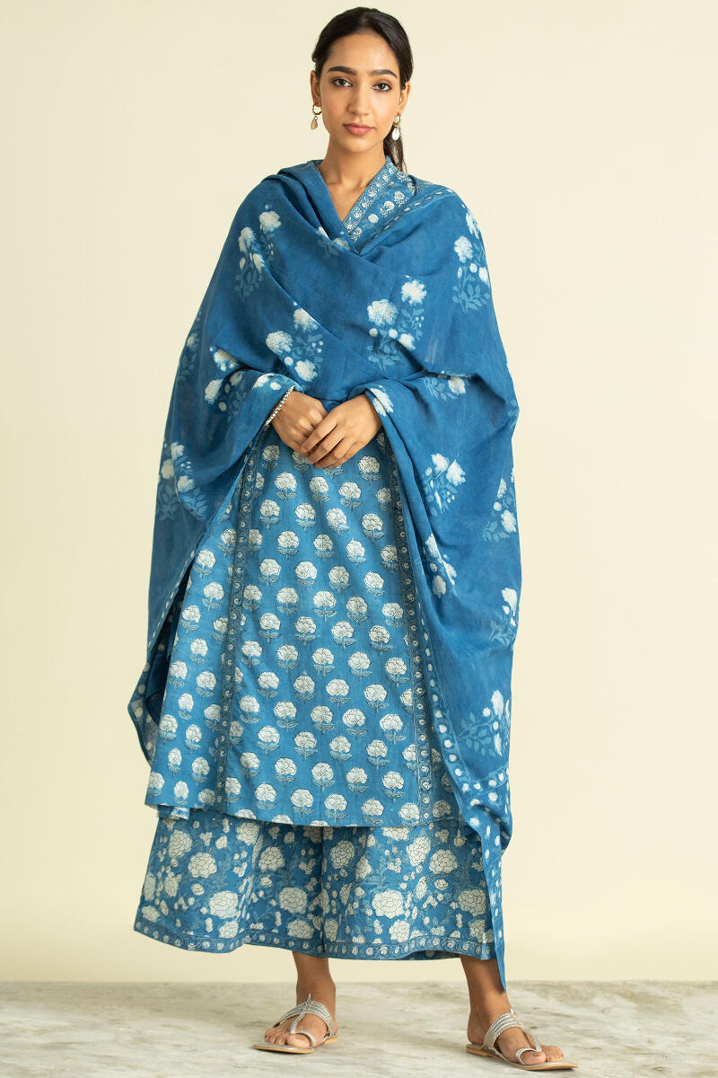 Indigo Block Printed A-Line Cotton Kurta