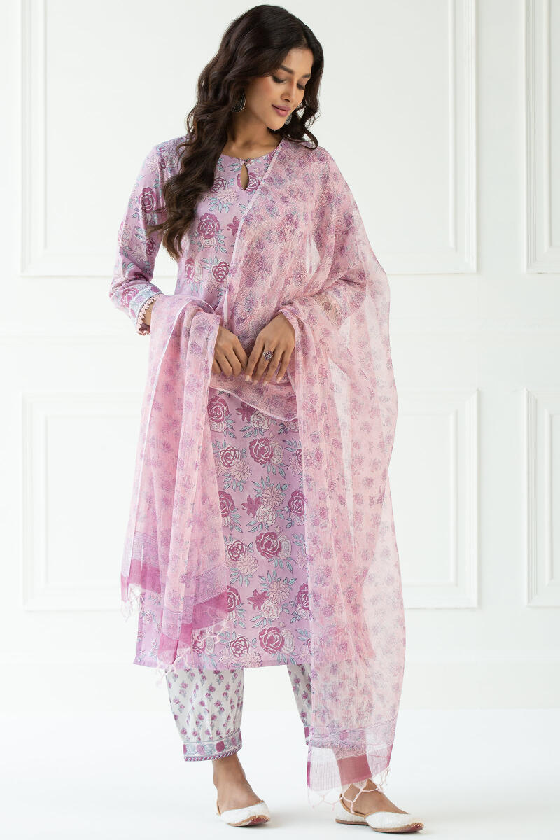 Purple Block Printed Straight Cotton Kurta