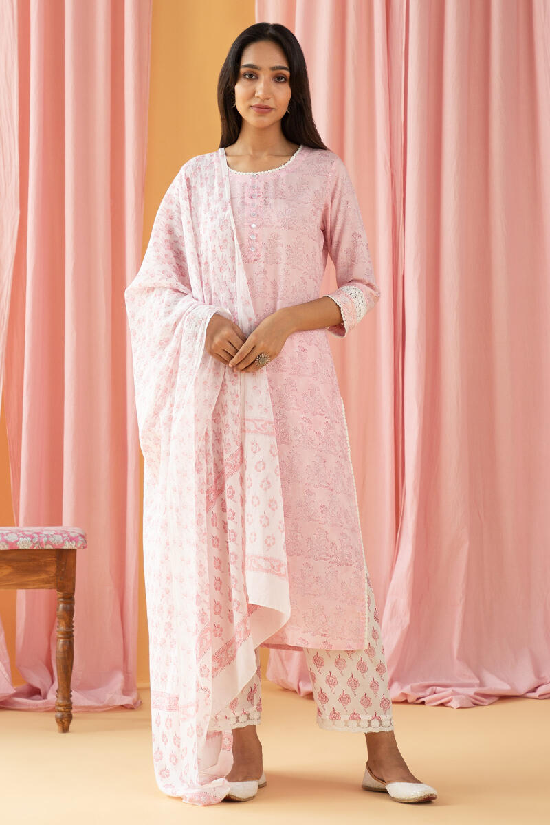 Pink Block Printed Cotton Dupatta