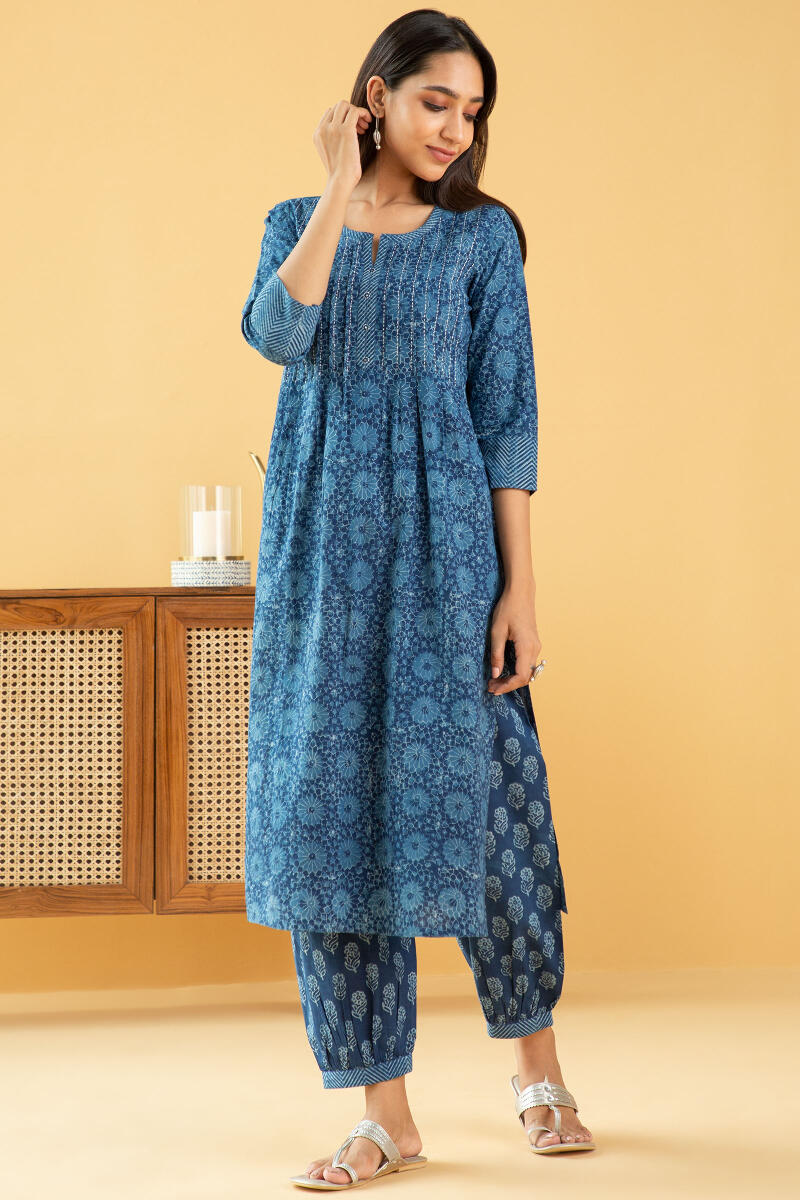 Indigo Block Printed Straight Cotton Kurta