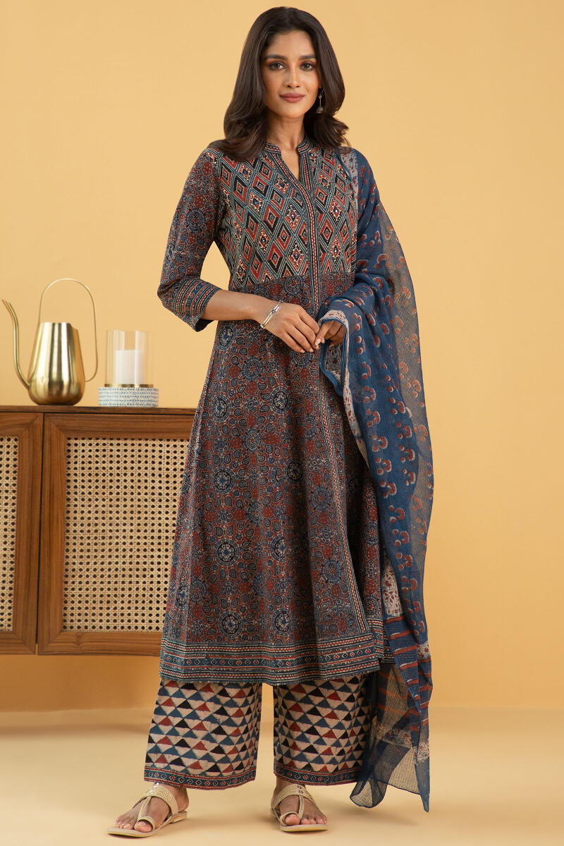 Indigo Block Printed A-Line Cotton Kurta