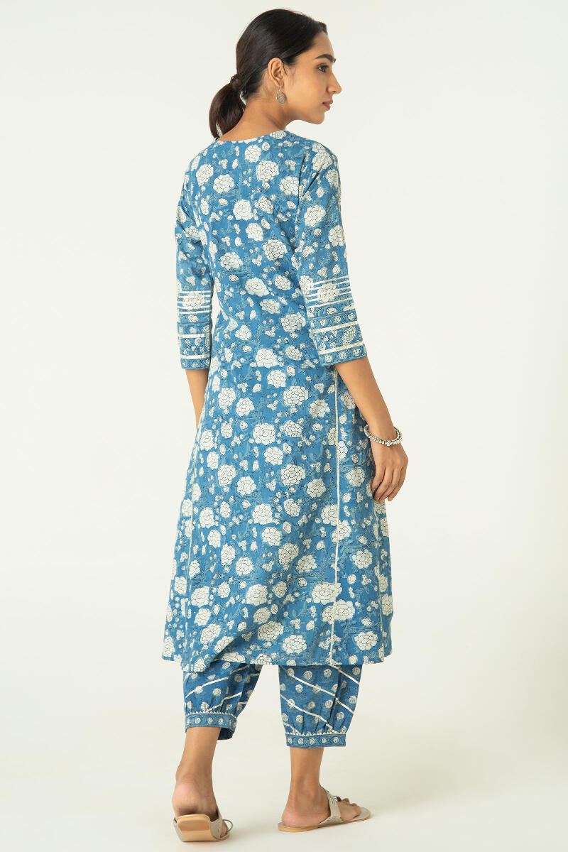 Indigo Block Printed A-Line Cotton Kurta