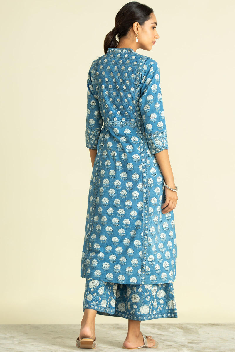 Indigo Block Printed A-Line Cotton Kurta