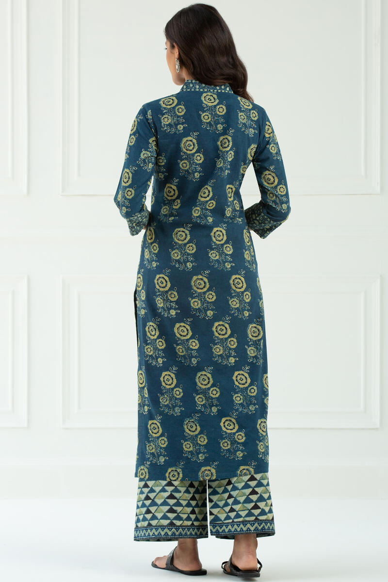 Blue Block Printed Straight Cotton Kurta