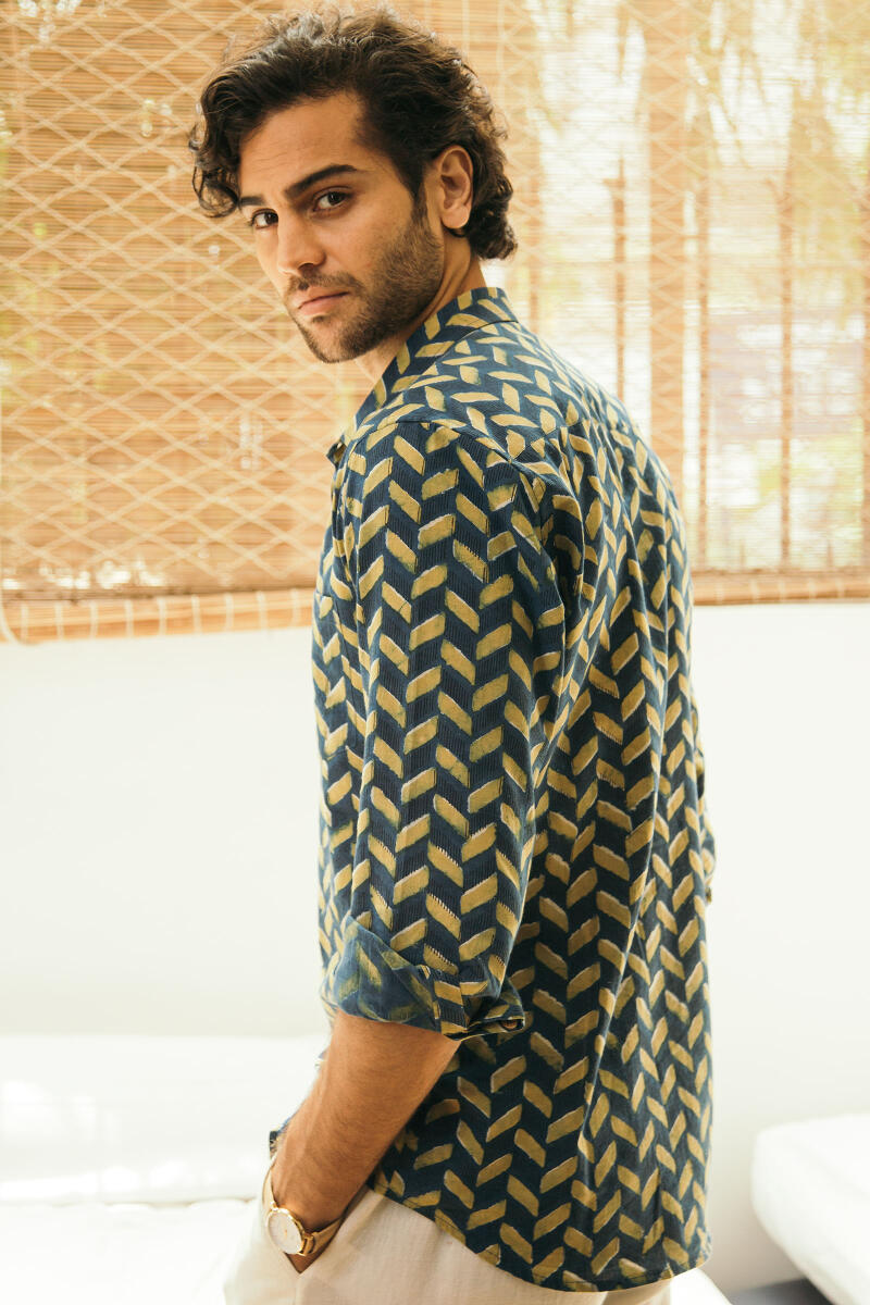 Indigo Block Printed Cotton Shirt