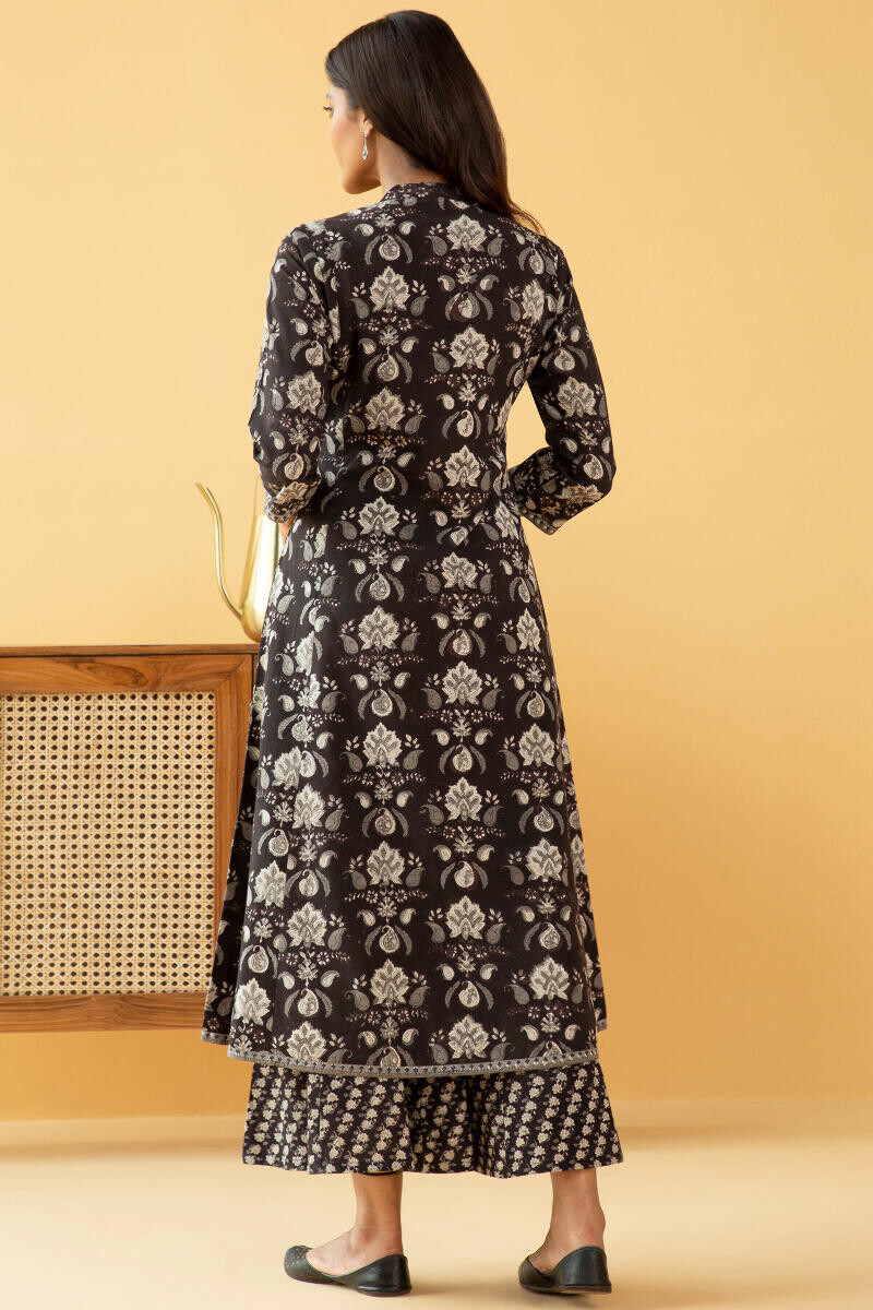 Black Block Printed Angrakha Cotton Kurta