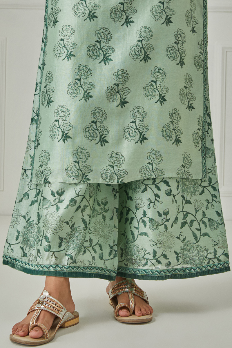 Green Block Printed Straight Chanderi Kurta