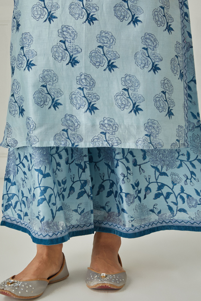 Blue Block Printed Straight Chanderi Kurta