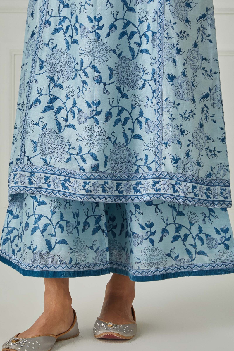 Blue Block Printed A-Line Chanderi Kurta