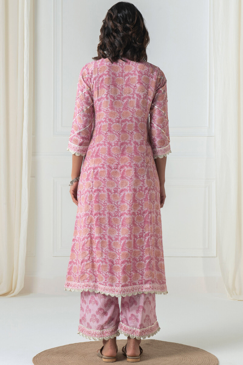 Pink Block Printed A-Line Modal Kurta