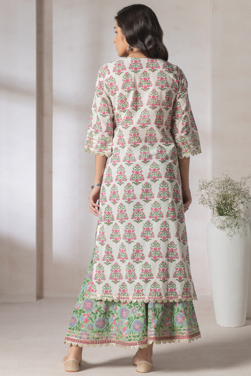 Off-White Block Printed Straight Cotton Kurta