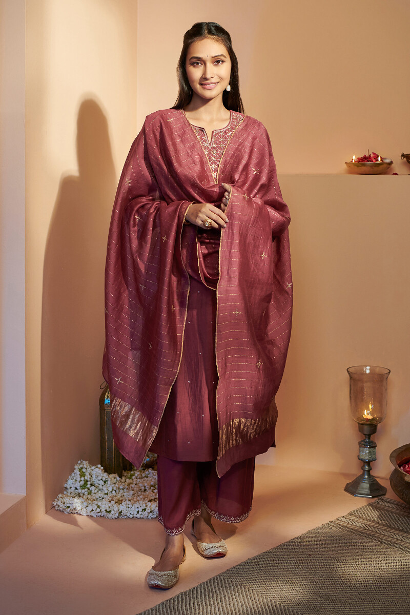 Maroon Handcrafted A-Line Chanderi Kurta