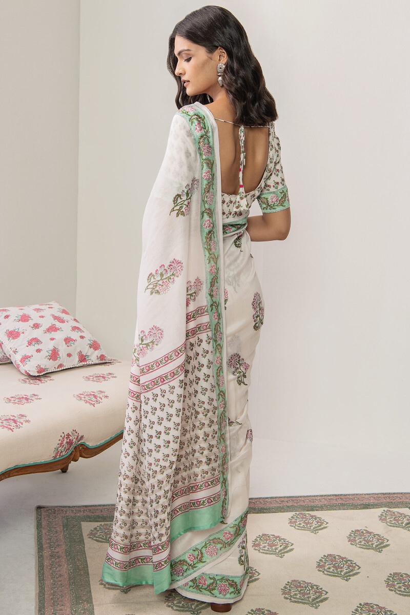 White Hand Block Printed Chanderi Saree