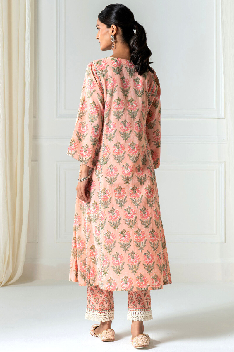 Peach Block Printed A-Line Cotton Kurta