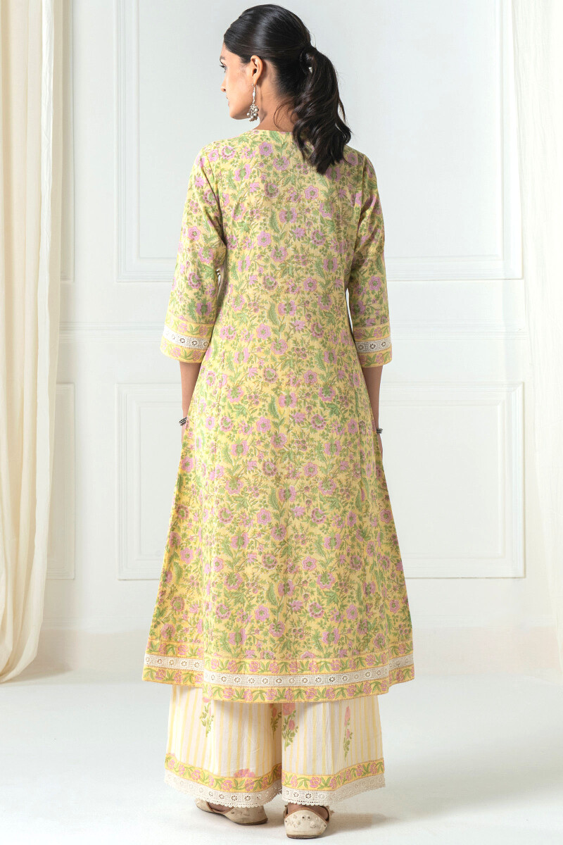 Yellow Block Printed Angrakha Cotton Kurta