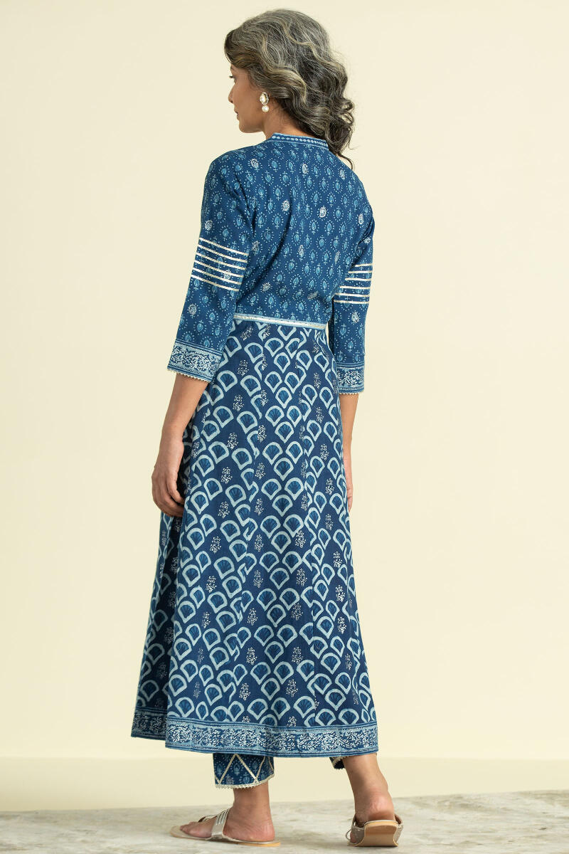 Indigo Block Printed A-Line Cotton Kurta