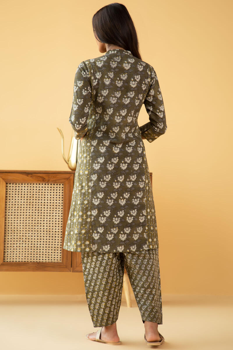 Brown Block Printed A-Line Cotton Kurta