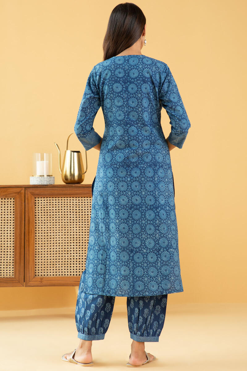 Indigo Block Printed Straight Cotton Kurta