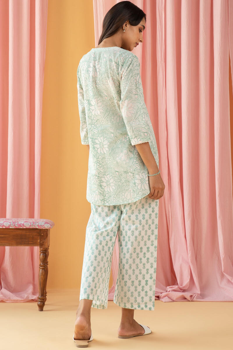 Green Block Printed Cotton Pyjama Set