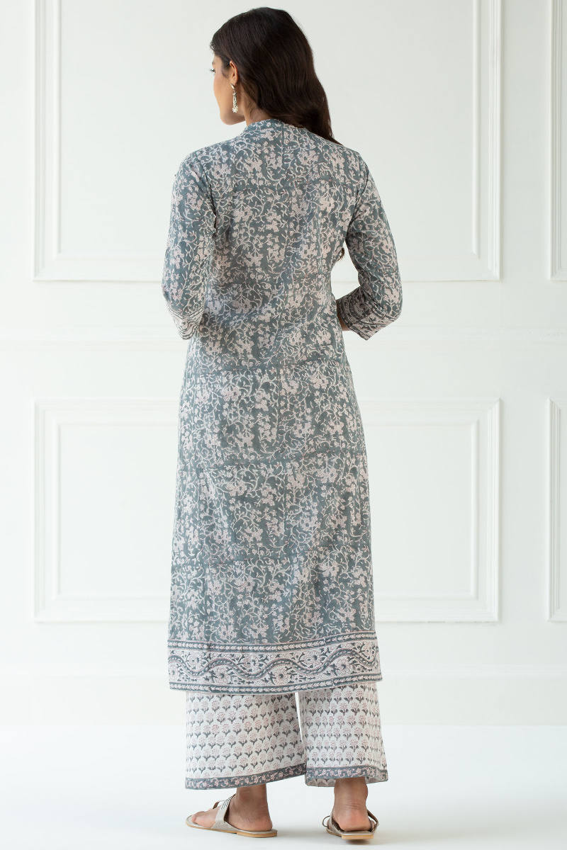 Grey Block Printed A-Line Cotton Kurta