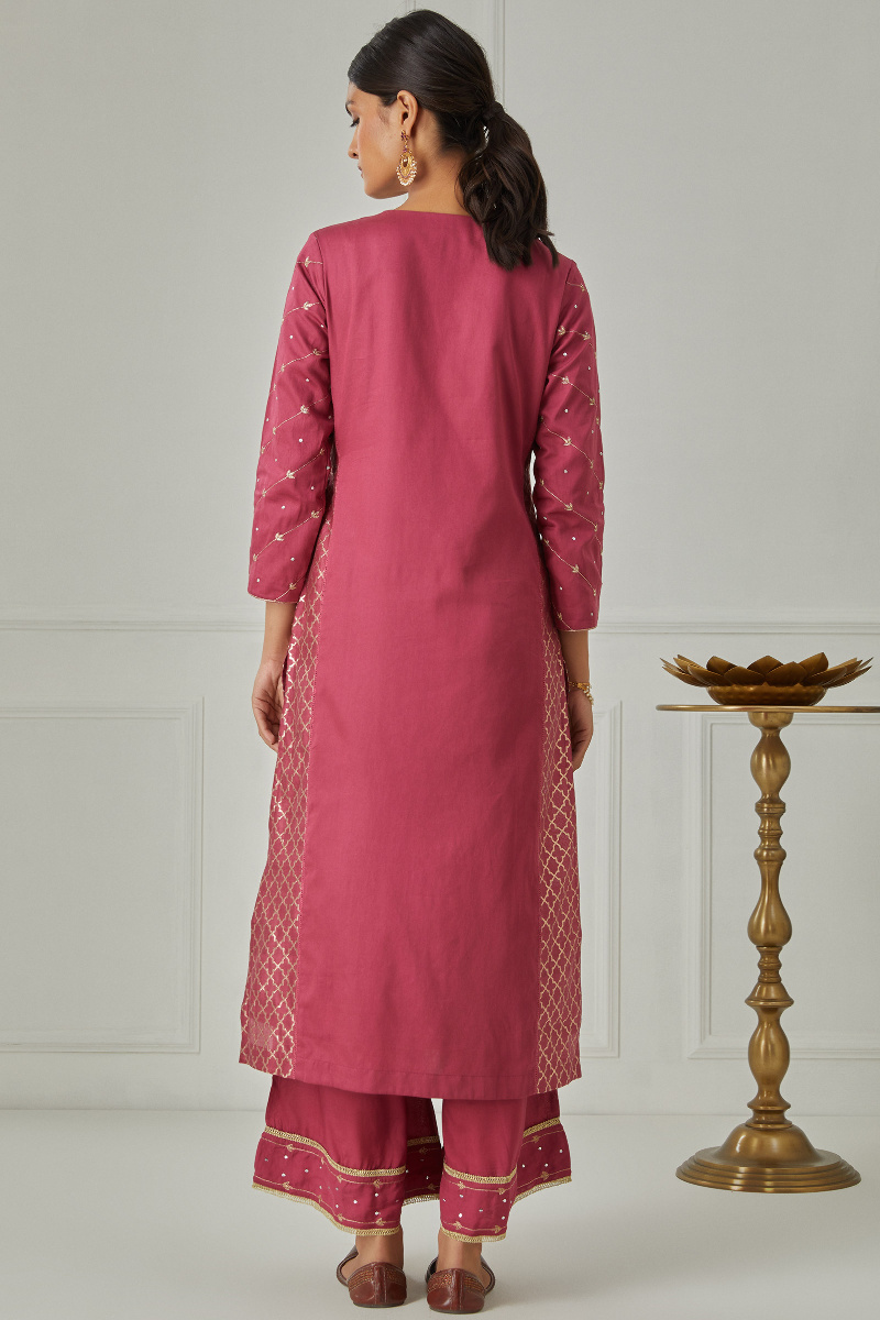 Red Handcrafted Straight Vegan Silk Kurta