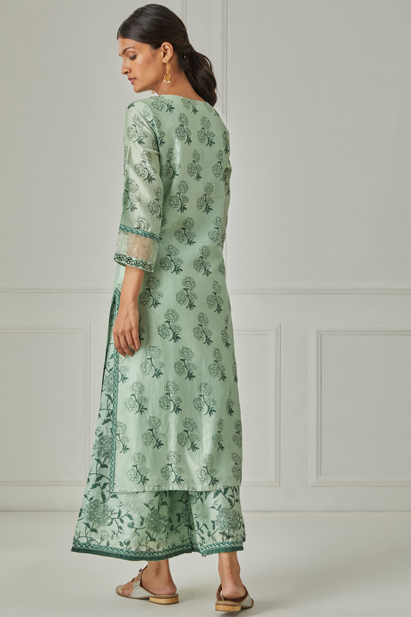 Green Block Printed Straight Chanderi Kurta