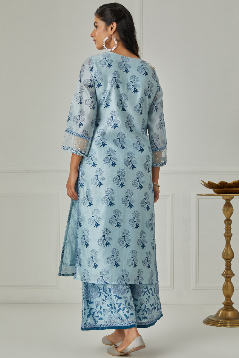 Blue Block Printed Straight Chanderi Kurta