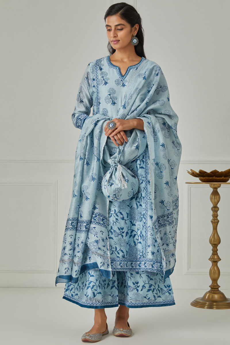 Blue Block Printed A-Line Chanderi Kurta