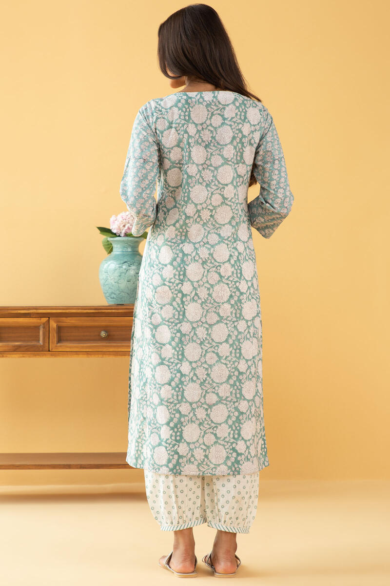 Blue Block Printed Straight Cotton Kurta