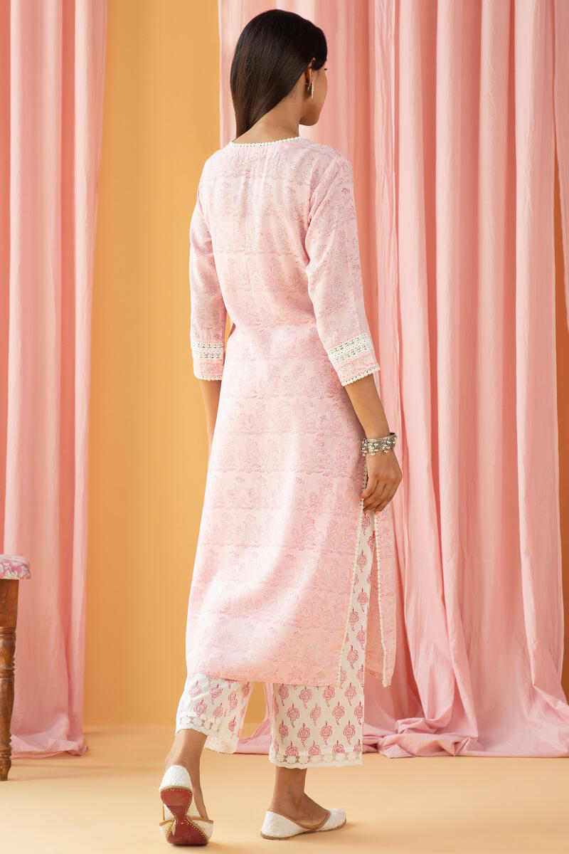 Pink Block Printed Straight Cotton Modal Kurta