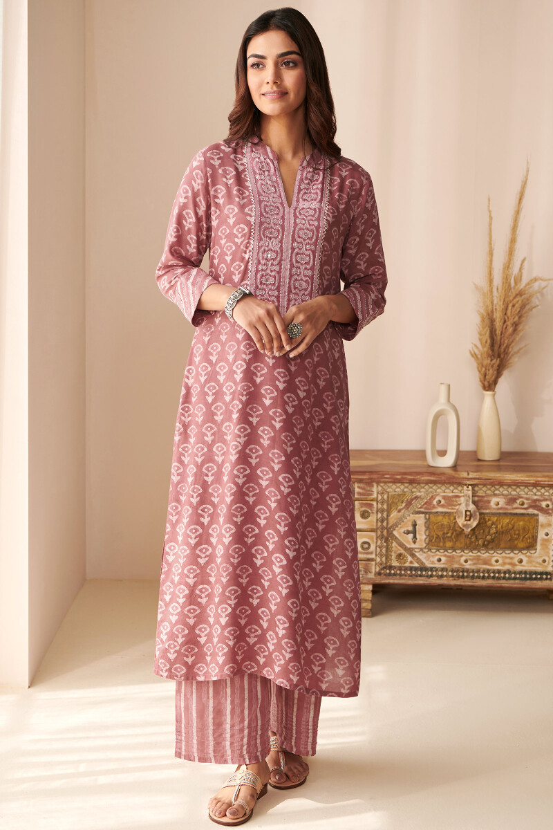 Pink Hand Block Printed Straight Modal Kurta