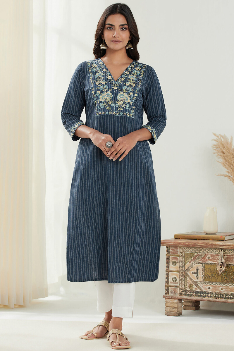 Blue Handcrafted Straight Handloom Kurta