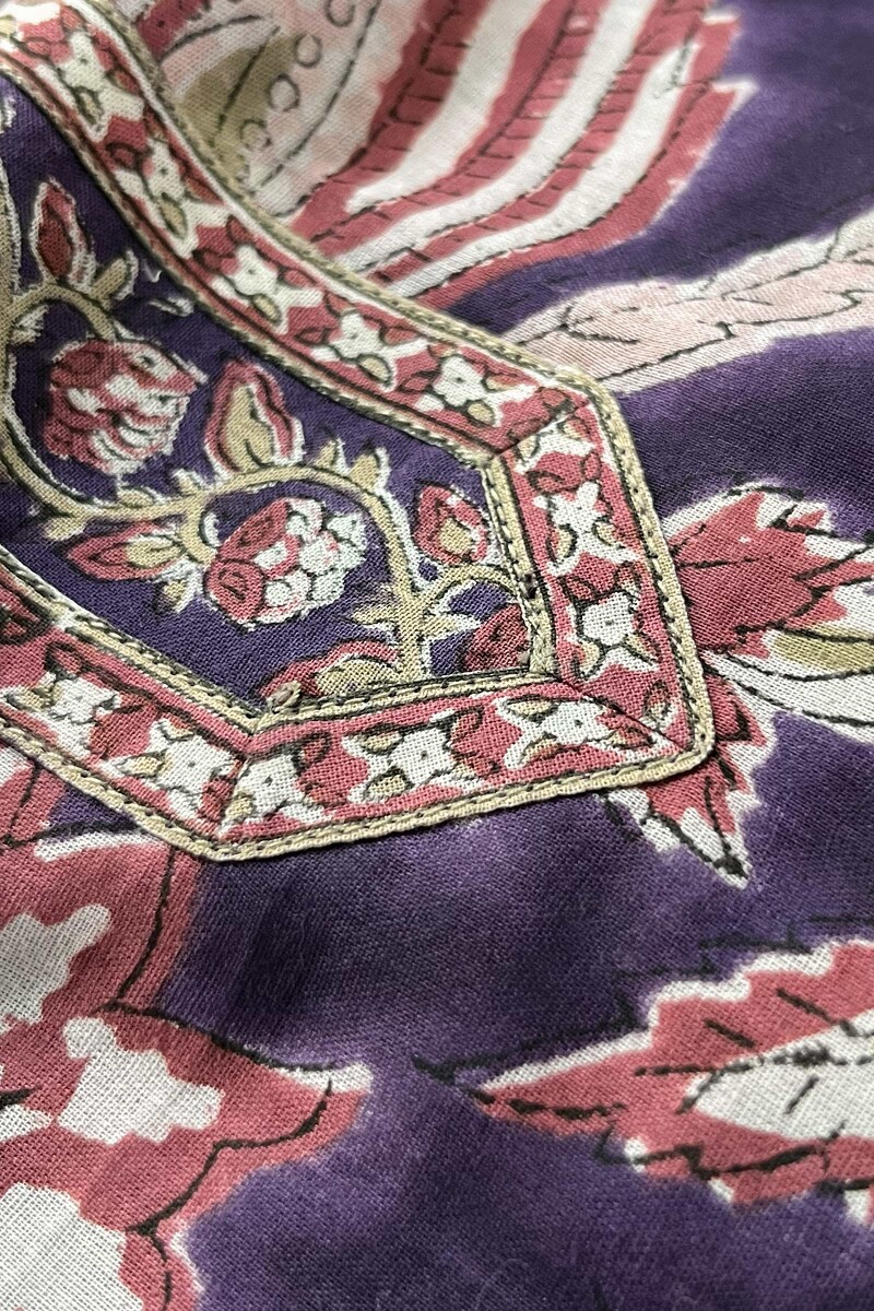 Purple Hand Block Printed Straight Cotton Mul Kurta