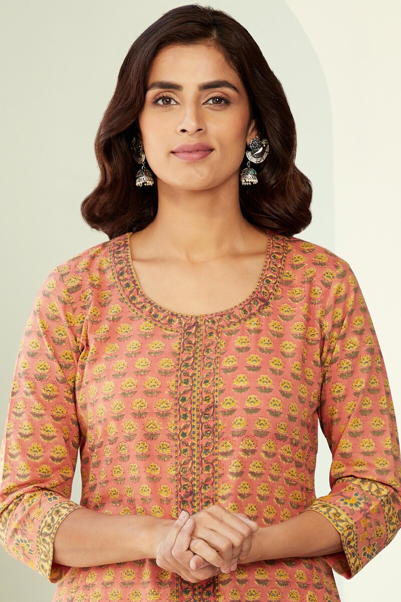 Peach Hand Block-Printed A-Line Cotton Kurta