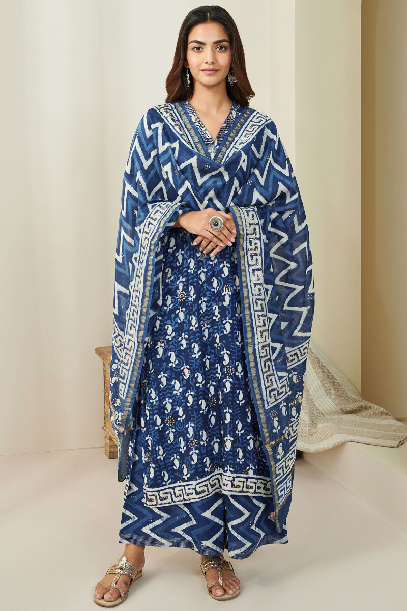 Indigo Hand Block Printed Straight Modal Kurta