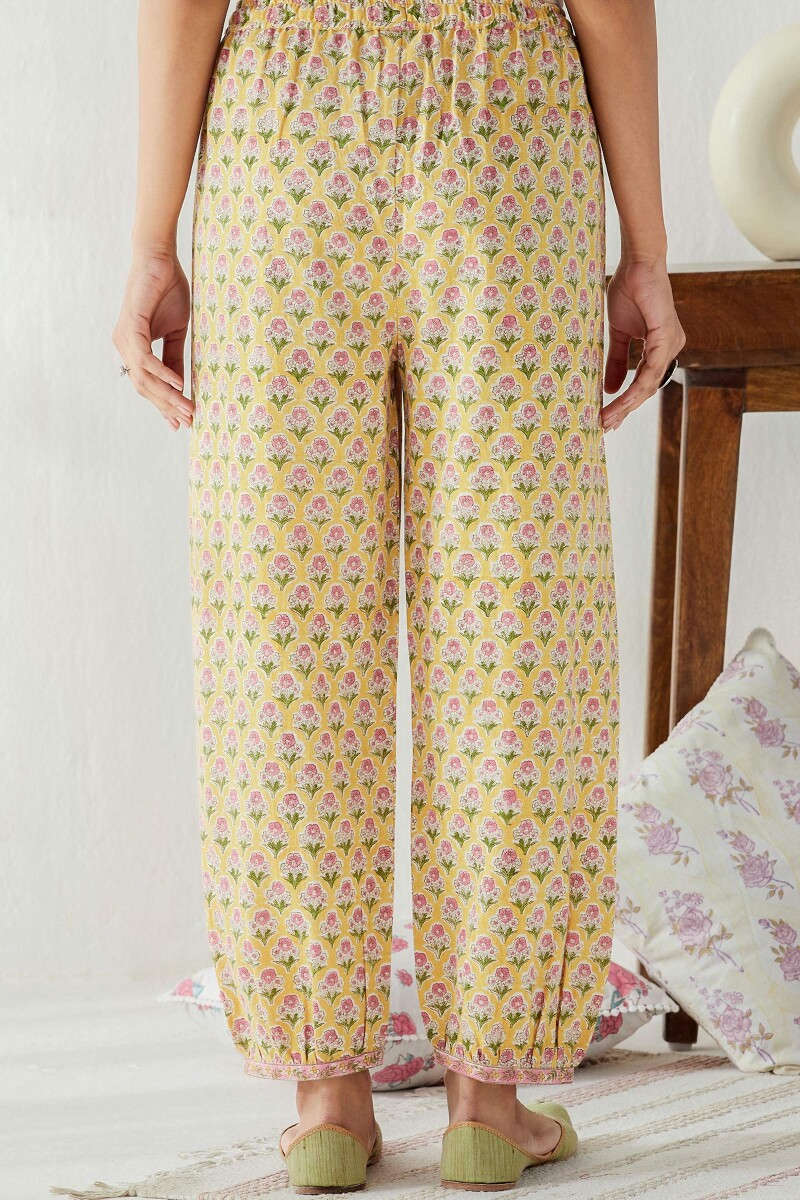 Yellow Hand Block Printed Cotton Flax Izhaar Pants