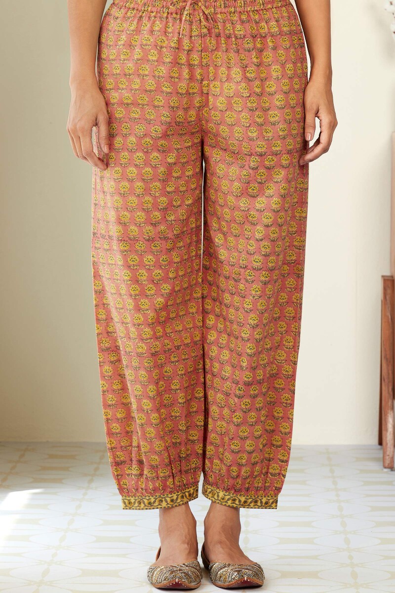 Peach Hand Block-Printed Cotton Izhaar Pants