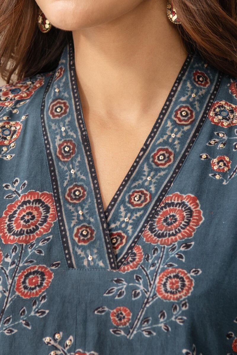 Indigo Hand Block Printed Straight Cotton Kurta