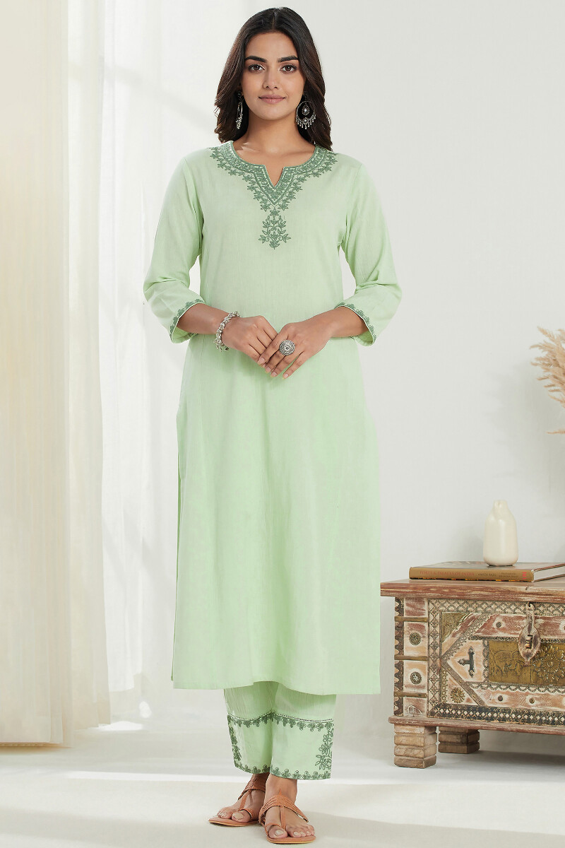 Green Handcrafted Straight Cotton Flax Kurta