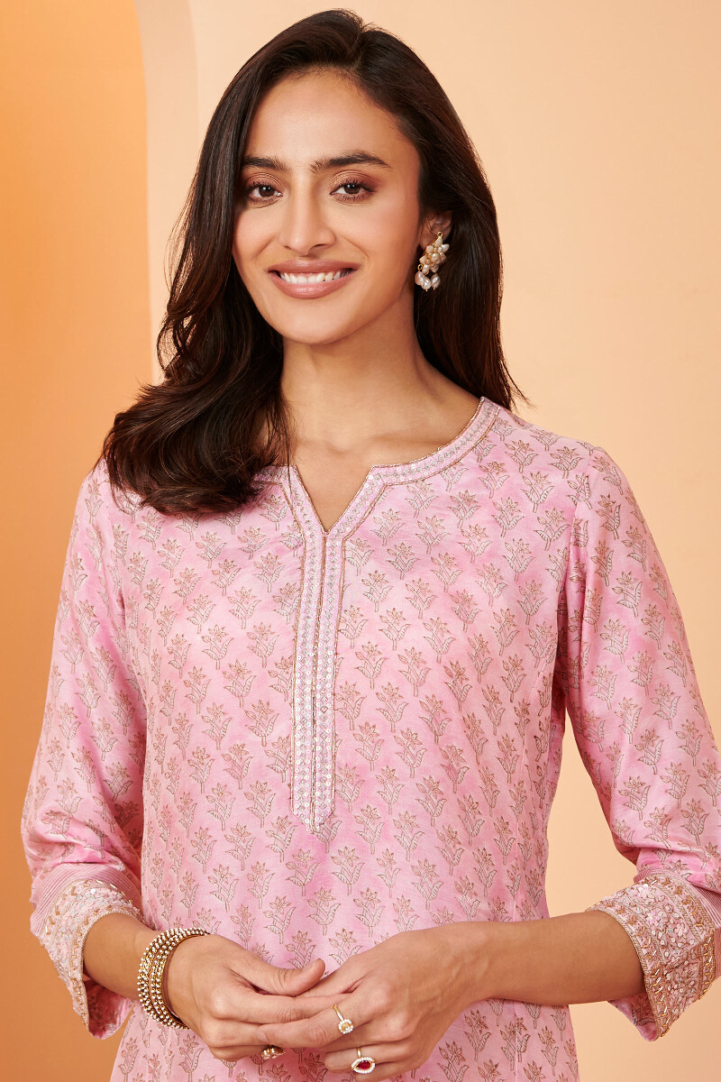 Pink Hand Block Printed A-Line Modal Kurta