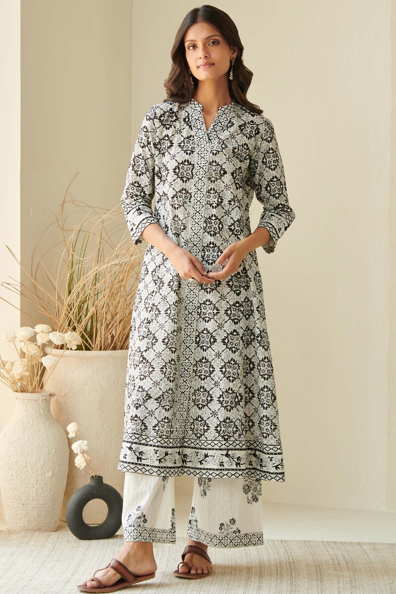 White Hand Block Printed A-Line Cotton Kurta