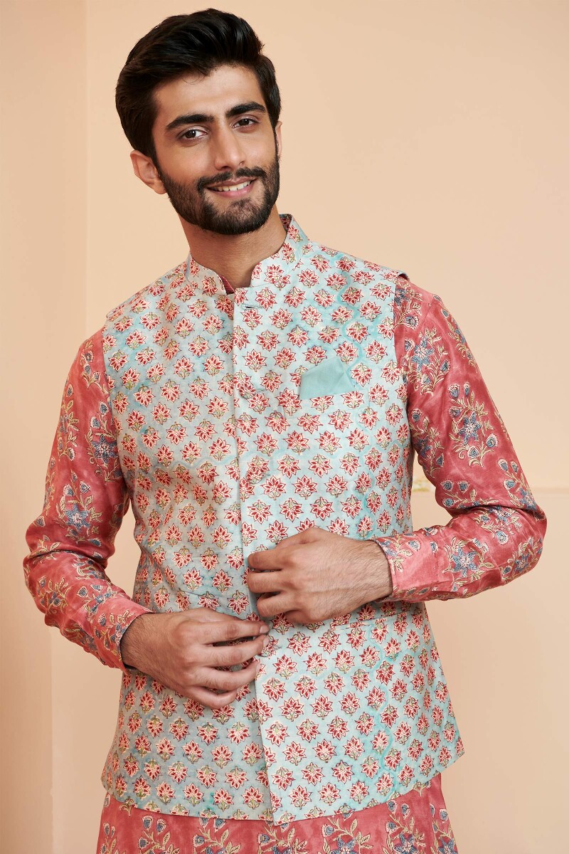 Blue Hand Block Printed Chanderi Nehru Jacket