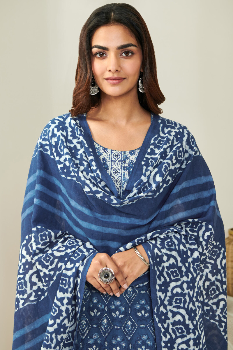 Indigo Hand Block Printed Cotton Mul Dupatta