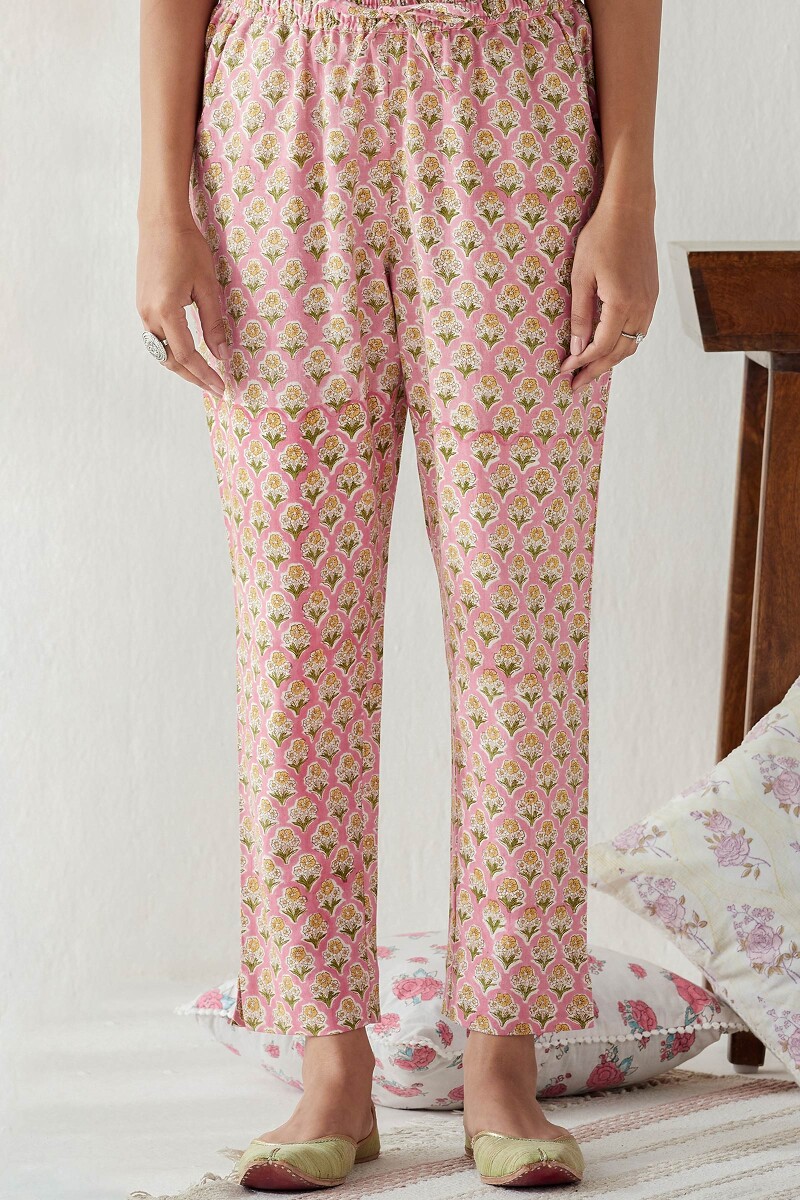 Pink Hand Block Printed Cotton Flax Narrow Pants