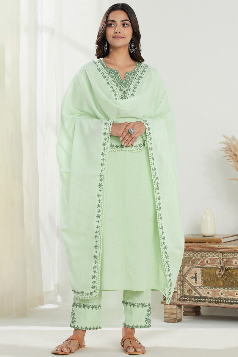 Green Handcrafted Straight Cotton Flax Kurta