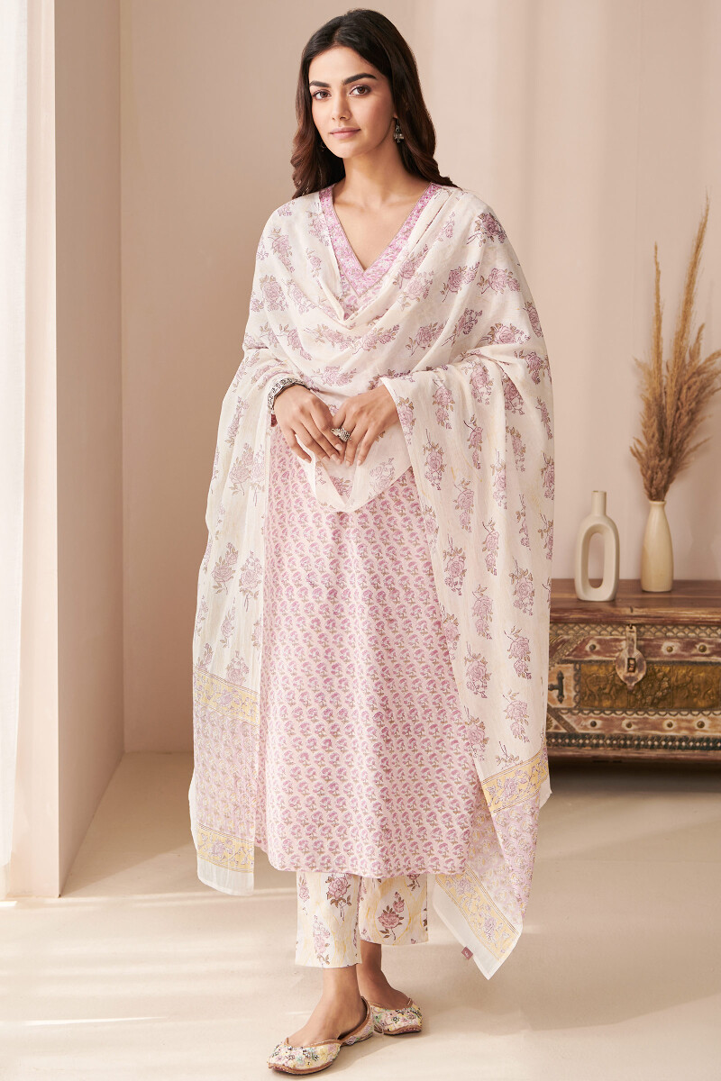 Purple Hand Block Printed Straight Cotton Kurta