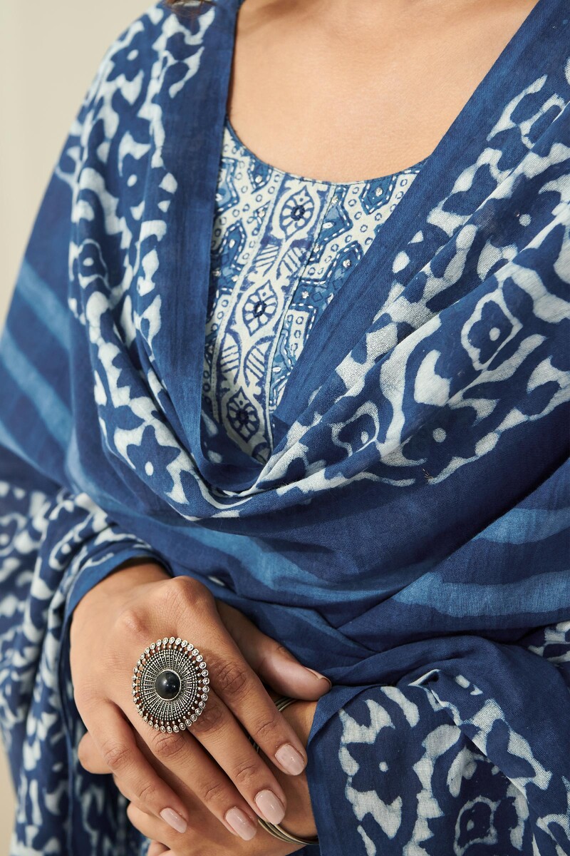 Indigo Hand Block Printed Cotton Mul Dupatta