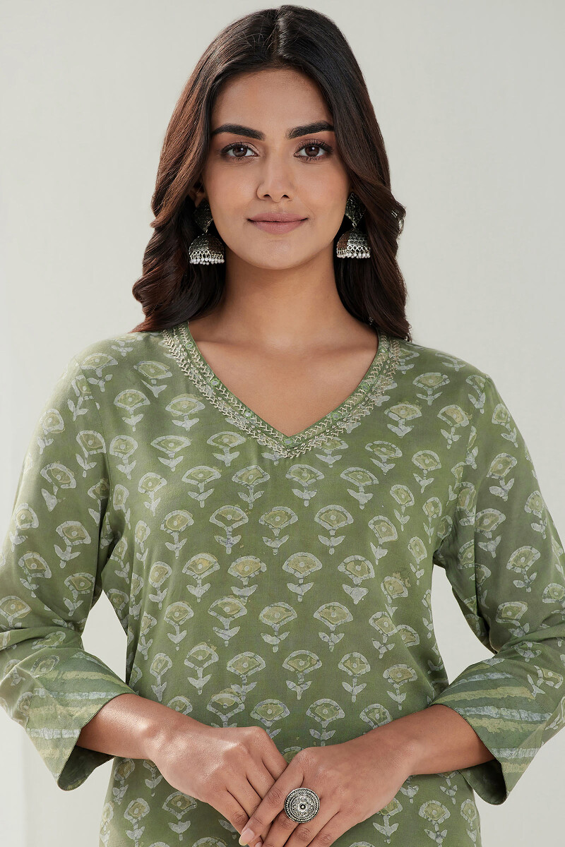 Green Hand Block Printed Straight Modal Kurta