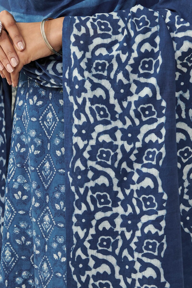 Indigo Hand Block Printed Cotton Mul Dupatta