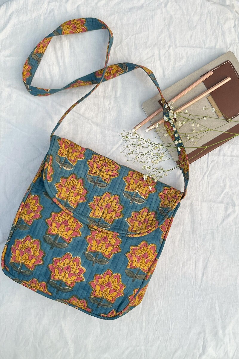 Blue Hand Block-Printed Cotton Crossbody Bag